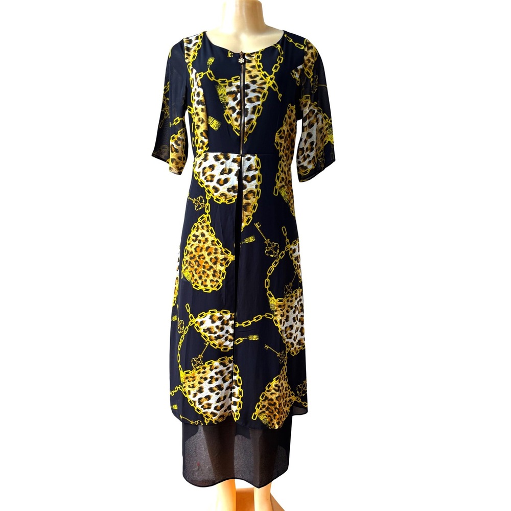 Zara Leopard Chain Print Midi Dress Black Gold Scarf‎ Print Short Sleeve Size M
